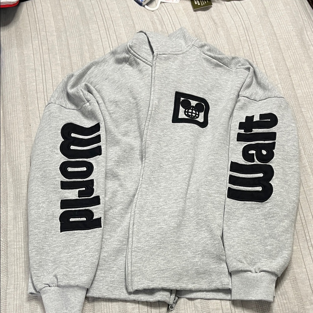 Disney world grey with black zip up hoodie sweatshirt.